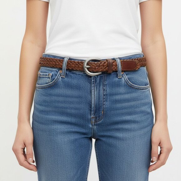 Vintage Fossil Brown Braided Leather Belt Silver Round Buckle Dark Academia LG - Picture 1 of 11